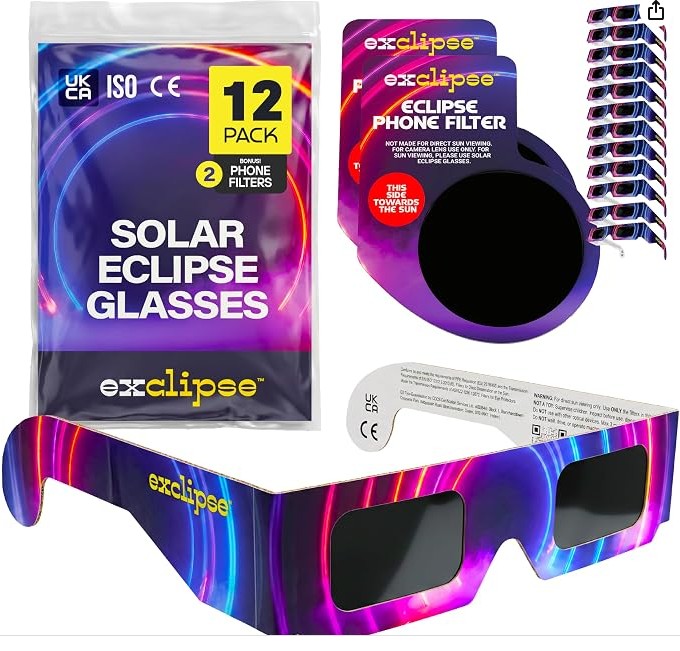 Solar Eclipse Glasses 12 Pack with 2 Phone Filters – ISO 12312-2 & CE & UKCA Certified Sun Viewing Glasses + Smartphone Filters, AAS 2026